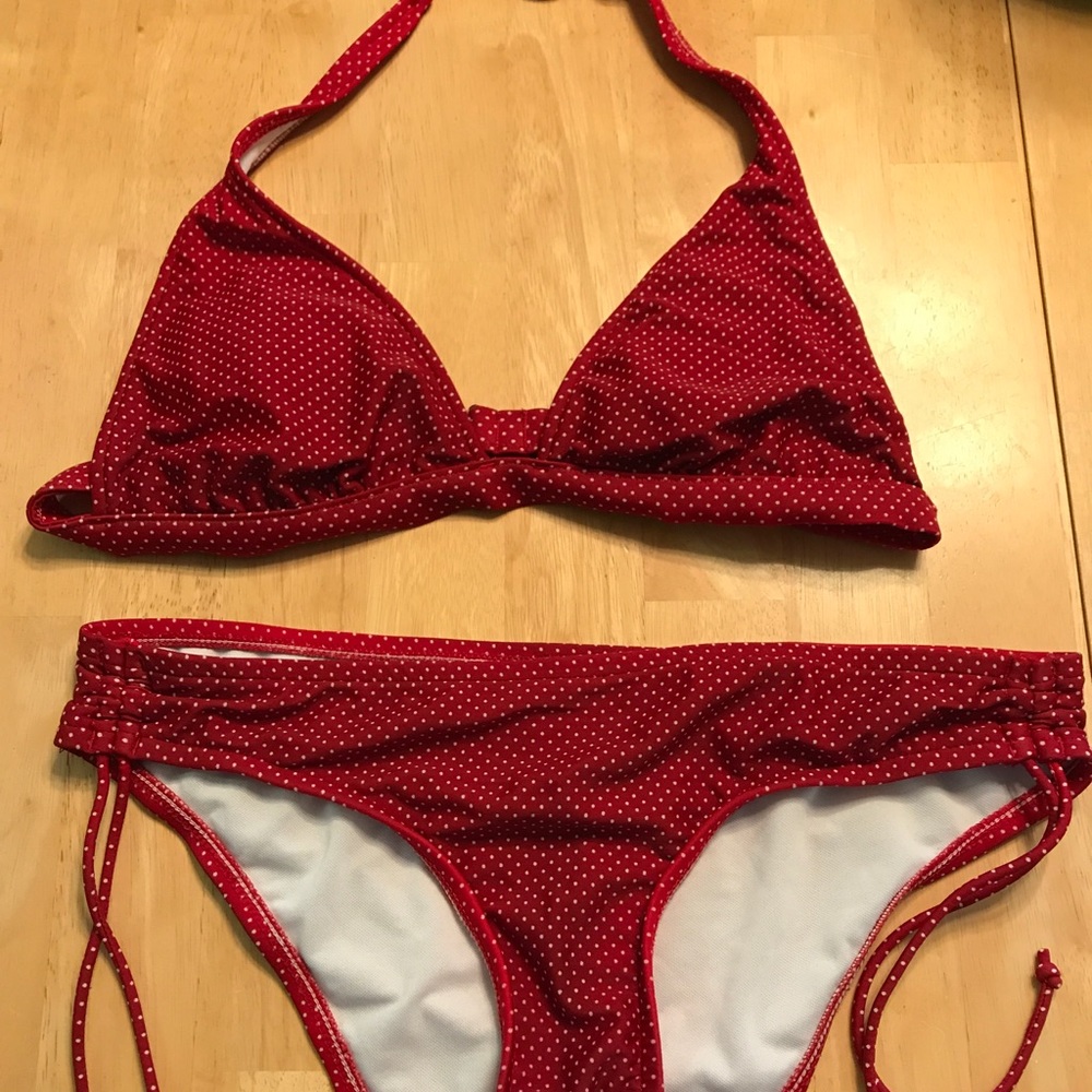 Red and white polka dot bikini
